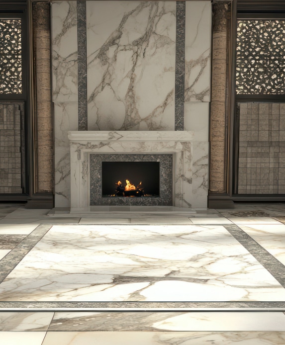 Cheminée Luxe en Marbre : Décoration Intérieure Élégante Grand salon luxueux avec cheminée en marbre blanc veiné, foyer allumé, sol en dalles de marbre poli et moulures ornementales.