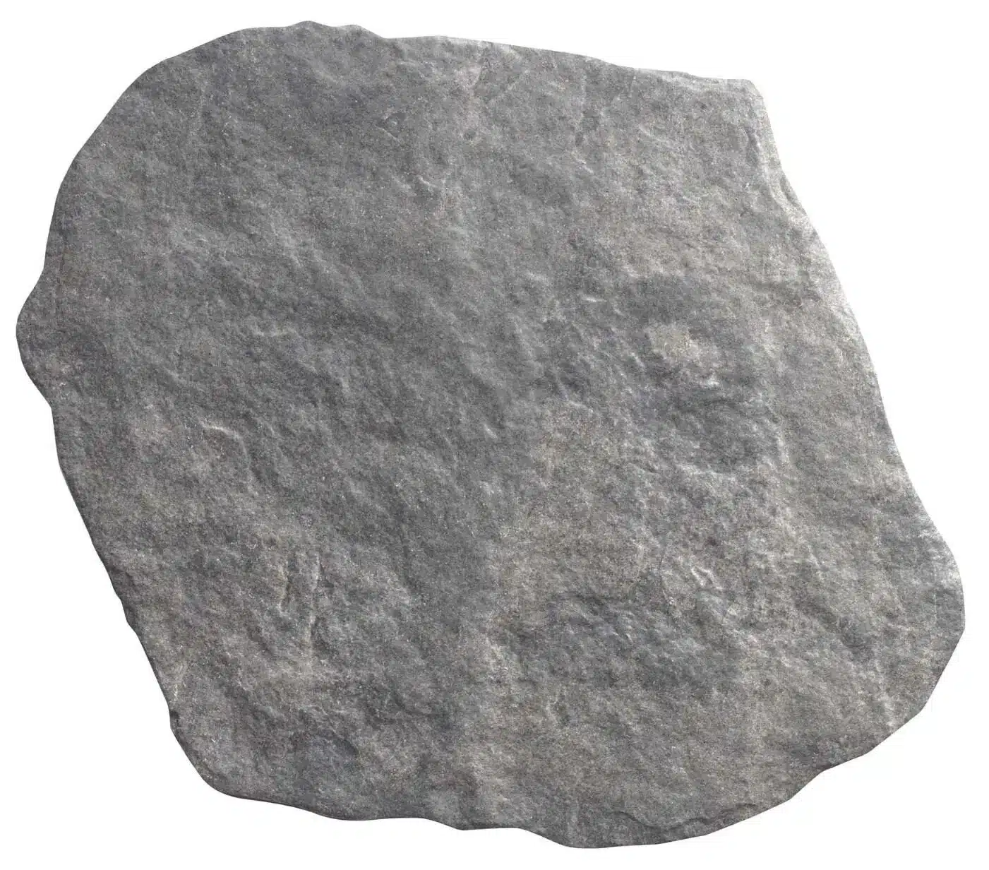 Dalle de pierre naturelle grise, texturée, avec bords irréguliers et forme organique, idéale pour aménagement extérieur.