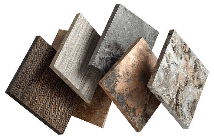 Échantillons de matériaux modernes : bois, pierre, métal et marbre Six échantillons de matériaux de revêtement (bois texturé, pierre, métal cuivré, marbre) flottant en diagonale sur fond noir.