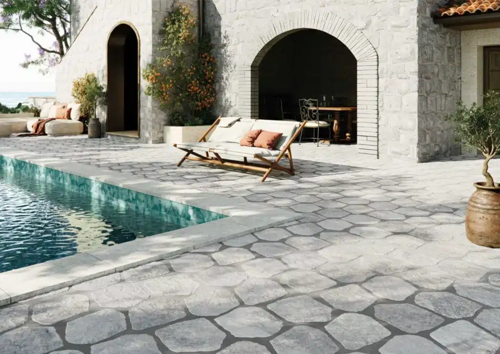 Terrasse en pierre aux dalles irrégulières près d'une piscine turquoise, mobilier d'extérieur en bois et murs de pierre blanche.