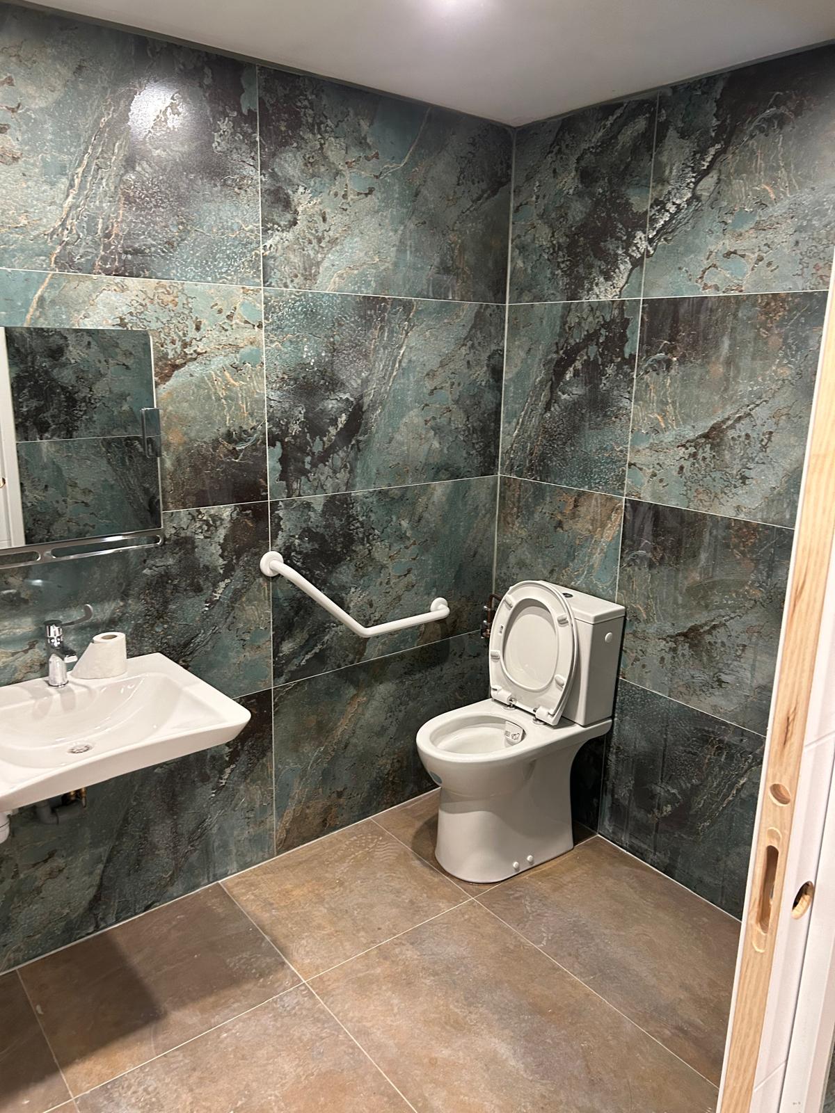 Salle de bain aux murs vert marbré avec WC blanc, lavabo suspendu et barre d'appui de sécurité.